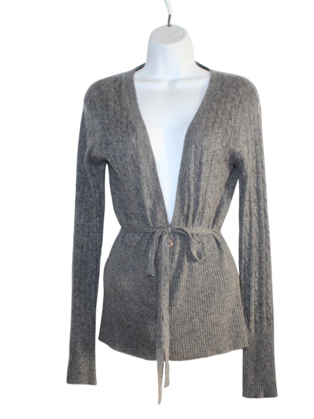 Y2K BCBGMaxAzria gray knit cardigan sweater tie waist wool blend elevated basic
